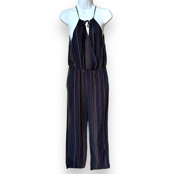 Dolan Womens Jumpsuit Navy Stripe Halter Sleeveless Cotton Lined Tie Pockets S - Picture 2 of 13